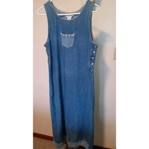 Basic Editions Med Wash Blue Denim‎ Jumper Dress Checkered Hem Pockets Size: S